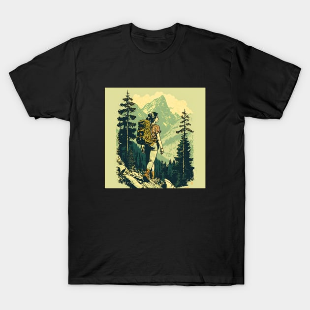 Woman Hiking in Forest Design, Adventure Mountain T-Shirt by dukito